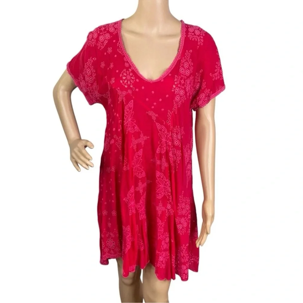 John Was Embroidered Butterfly Fuchsia PinkEyelet Short Sleeve Tunic Top Dress - Picture 1 of 10